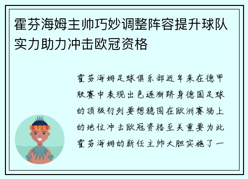 霍芬海姆主帅巧妙调整阵容提升球队实力助力冲击欧冠资格